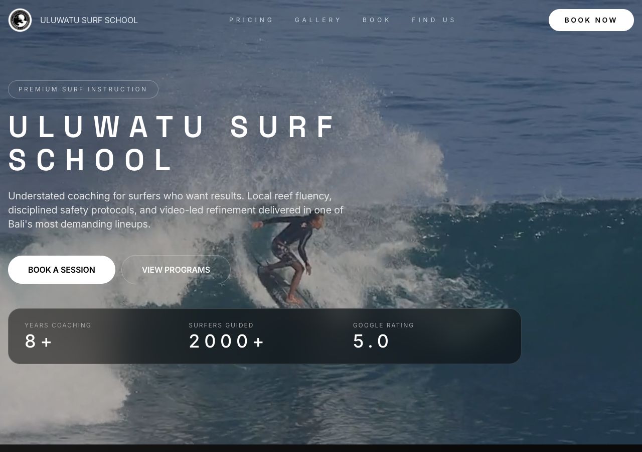 Uluwatu Surf School desktop homepage preview