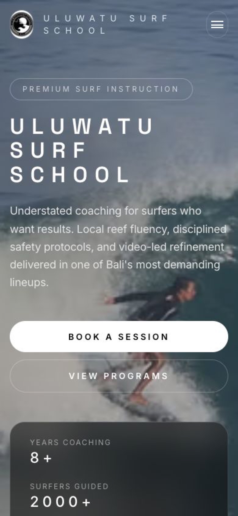 Uluwatu Surf School mobile homepage preview
